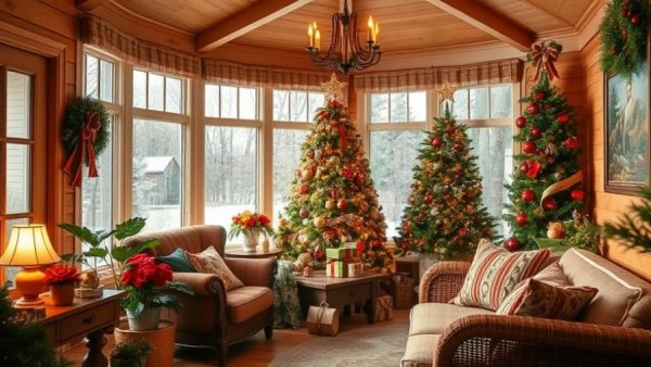 Cozy traditional sunroom with Christmas decor, Raleigh NC.