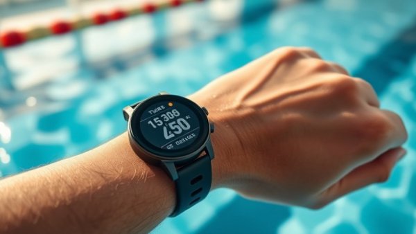 Smartwatch displaying swim metrics for smart tracking technology in sports.