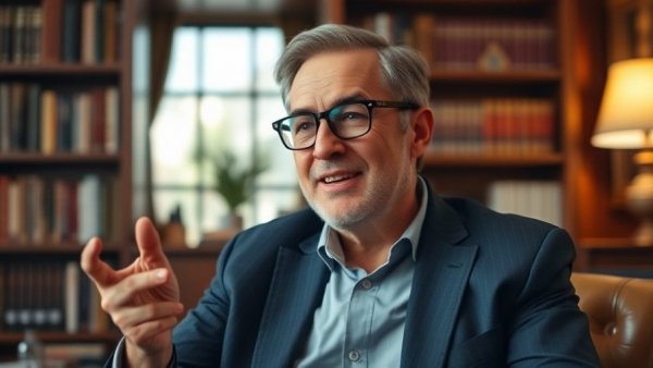 Middle-aged man humorously discussing wealth in an office.