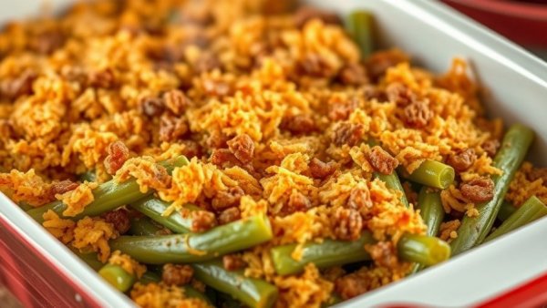 Healthy green bean casserole with crispy topping in a dish.