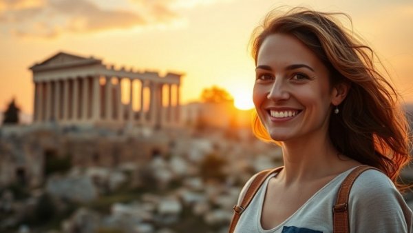 Life in Greece: Smiling woman with Acropolis at sunset.