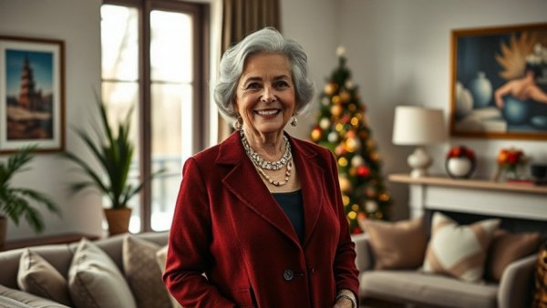Elegant holiday fashion for women over 60 in a stylish living room.
