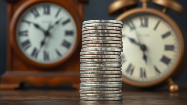 Towering stack of coins with blurred clock in the background, symbolizing financial decisions and time.