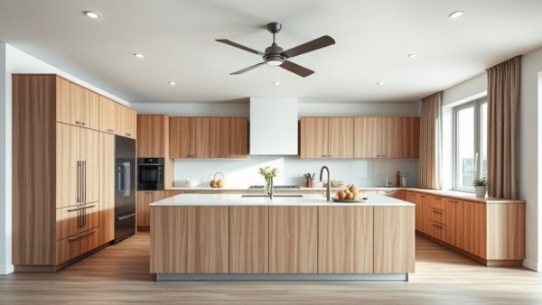 Modern kitchen featuring sleek wooden design in home interior.