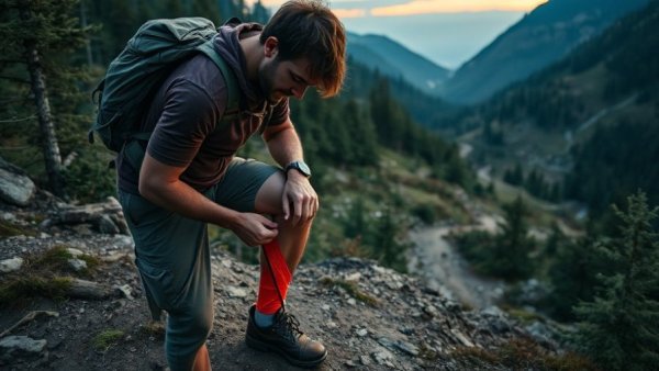 Hiker treating knee injury in forest, promoting GIG/AXA Travel Insurance Cashback.