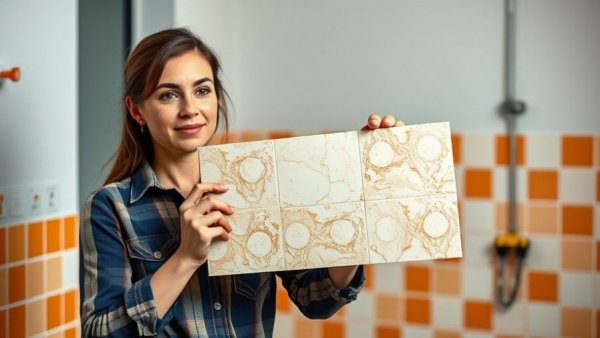 Confident woman showing textured tile installation process.