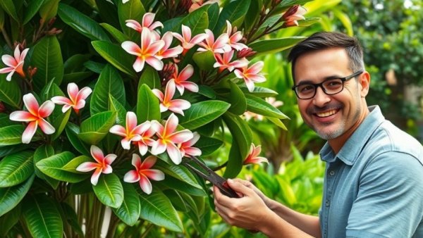 Plumeria propagation techniques demonstrated with blooming flowers.