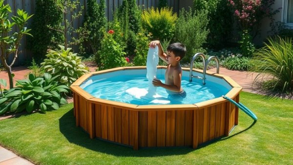 DIY plunge pool construction in a sunny garden with foam bending.