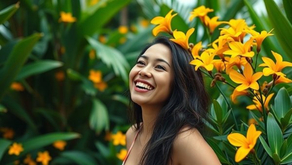 Cheerful woman in tropical Coronado Panama with lush greenery.