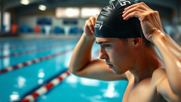 Swimmer preparing at CSCAA Dual Meet Challenge, adjusting cap.