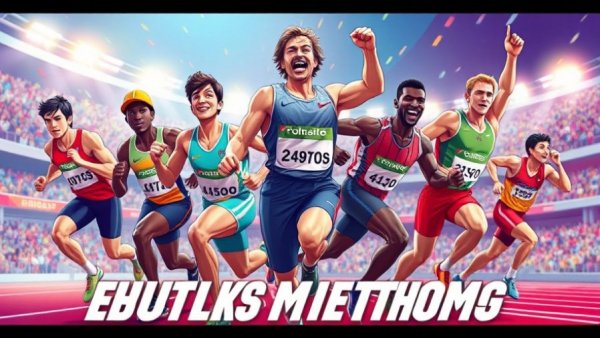 Dynamic cartoon collage of male sprinters with vibrant colors, future of men's sprinting.