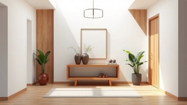 Entry table decor ideas in modern minimalist style with natural wood.