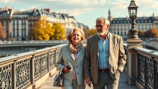 Older couple enjoying independent living in France, strolling across a picturesque Parisian bridge.