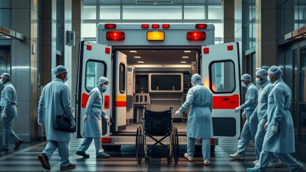 Ambulance responding to accident while working abroad at hospital entrance.