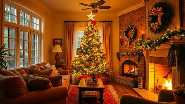 Cozy traditional interior design ideas Raleigh NC: Festive living room with Christmas tree and fireplace.