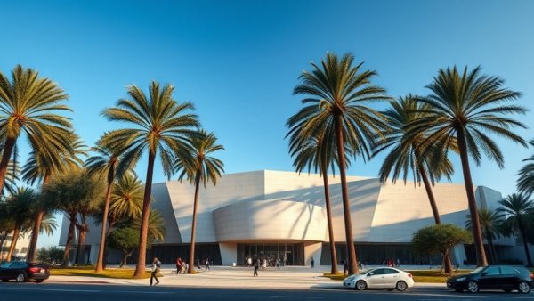 MIA Park Doha, modern museum with palm trees and visitors.