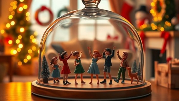 Miniature festive scene under glass cloche with Christmas decor.