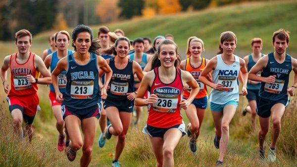 Foreign athletes competing in NCAA Cross Country race on grassy course.