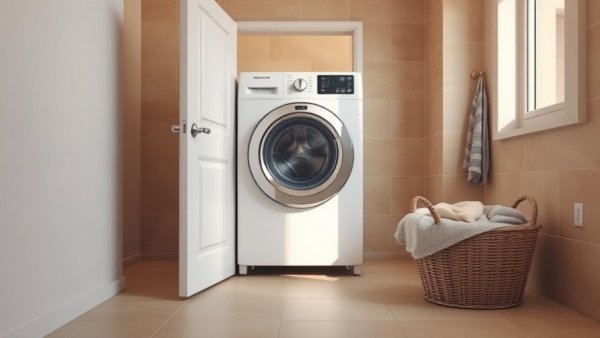 Modern laundry room with open washing machine and clothes basket.