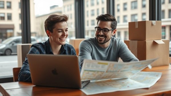 Cheerful couple using ChatGPT to plan moving abroad, surrounded by boxes.