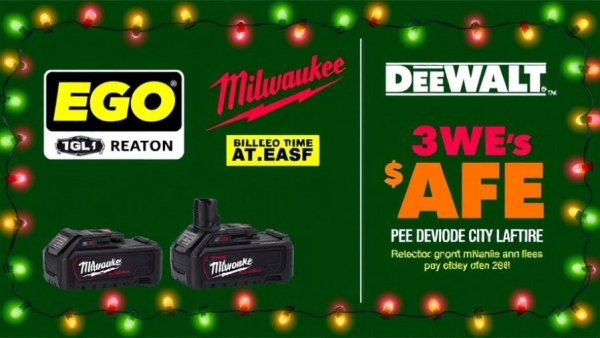 Discounted power tool batteries promotional display surrounded by festive lights.