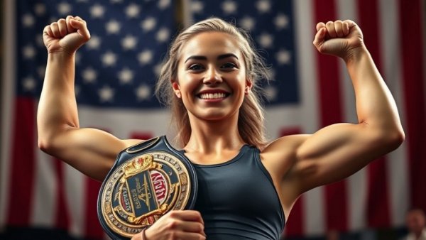 Helen Maroulis smiling confidently with championship belt, triumphant pose.