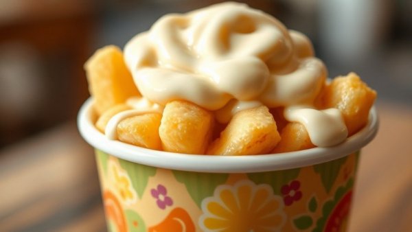 Majboos served in a colorful patterned cup with creamy sauce.