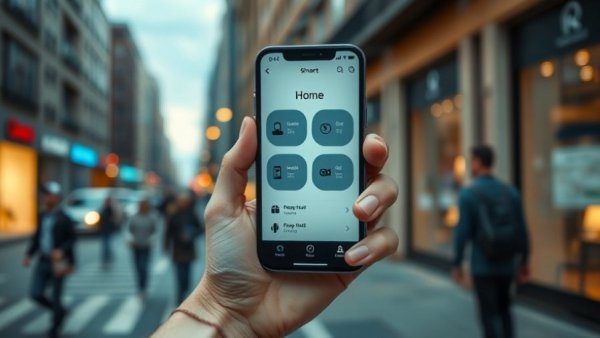 Smartphone displaying smart home interface, urban background, affordable smart home upgrades in Charlotte NC.
