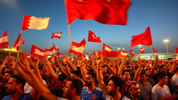 Arab football fans waving flags at Doha parade for Arab Cup Qatar 2025.