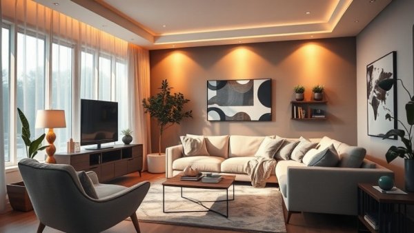 Modern living room with automated cozy lighting, ideal for affordable smart home upgrades in Charlotte NC.