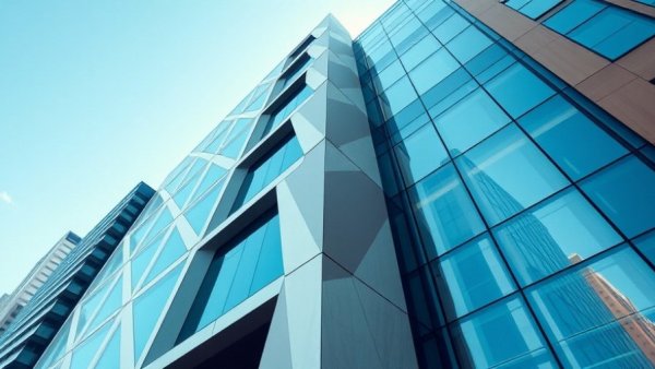 Modern facade of M.F. Husain Museum Qatar with geometric shapes.