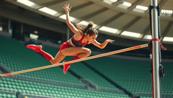Jaicee Jasmer pole vaulting with intense focus in a vibrant stadium.