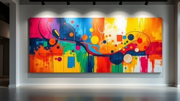 Abstract painting at M.F. Husain Museum Qatar showcasing vibrant colors and modern art.