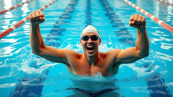 Swimmer celebrates at European Short Course Championships race