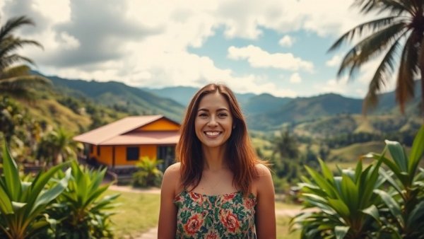 Woman smiling in Costa Rican landscape, emphasizing selling everything to build a peaceful community.