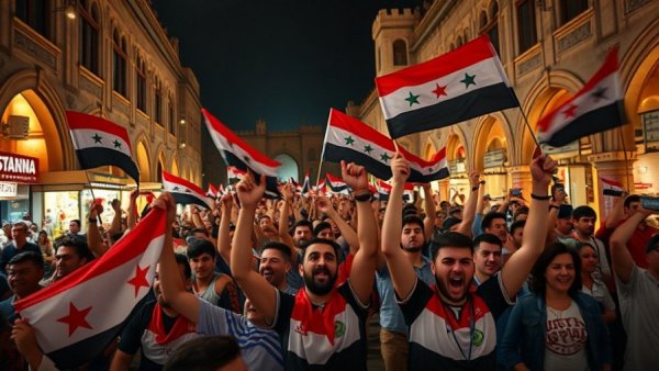 Syrian fans enthusiastically celebrating at Souq Waqif nighttime gathering.