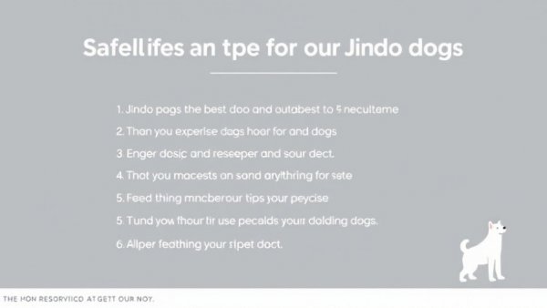 Infographic with Jindo puppy exercise tips: 60-90 minutes of exercise, fencing advice, leashing guidance, mental stimulation toys, appropriate collars.