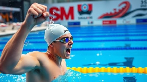 Swimmer celebrates victory with raised fist at race season opener.