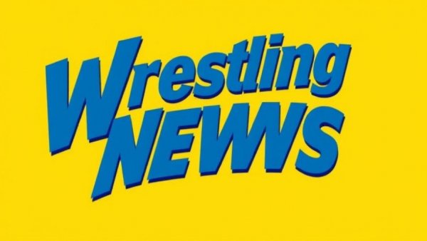 Wrestling news banner with vintage design, blue text on yellow.