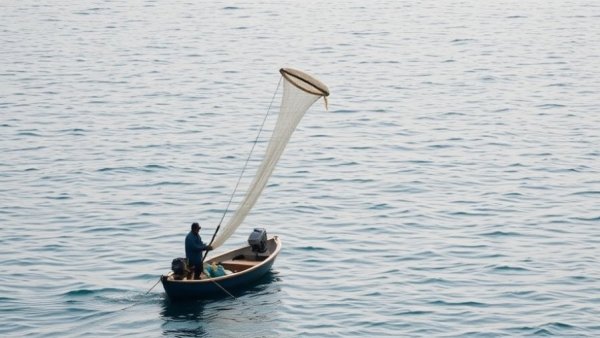 Fisherman casting net on boat, calm water at sunrise.