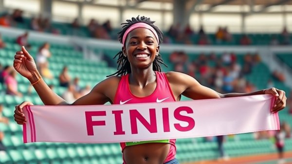 Athlete holding finish line banner with a smile in a stadium, Ja'Shaun Lloyd Texas State.