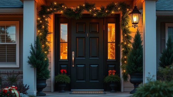 Lush Christmas porch garlands with lights: Outdoor Decorating Ideas