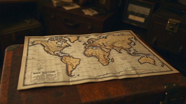 Vintage map with line overlays resting on suitcases, dim lighting.