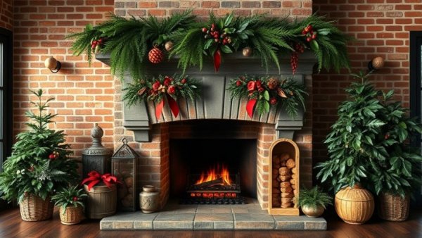 Elegant rustic fireplace with 2025 Christmas décor trends showcasing greenery and gifts.