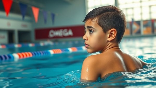 Focused young swimmer emerging from water at swimming event.