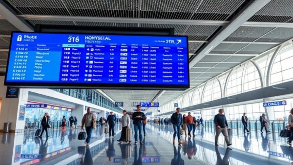 Modern airport with digital sign for flight and hotel deals.