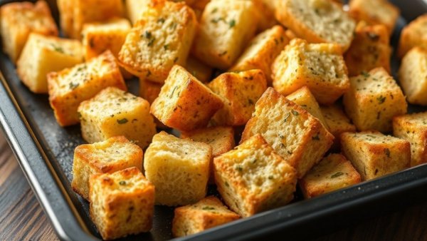 Golden homemade croutons with herbs on a baking tray