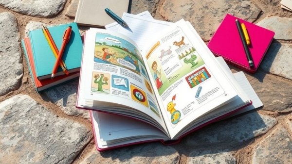 Colorful homeschooling materials for high school prep on a stone surface.