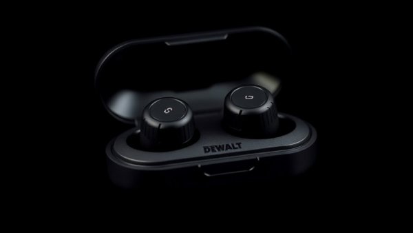 Close-up of DeWalt earbuds showcasing unique feature.