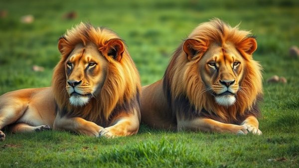 Two lions during Serengeti calving season resting in grass.